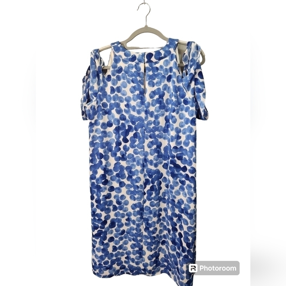 London Times 16W blue white polka dot cold shoulder A-line dress - Picture 3 of 5